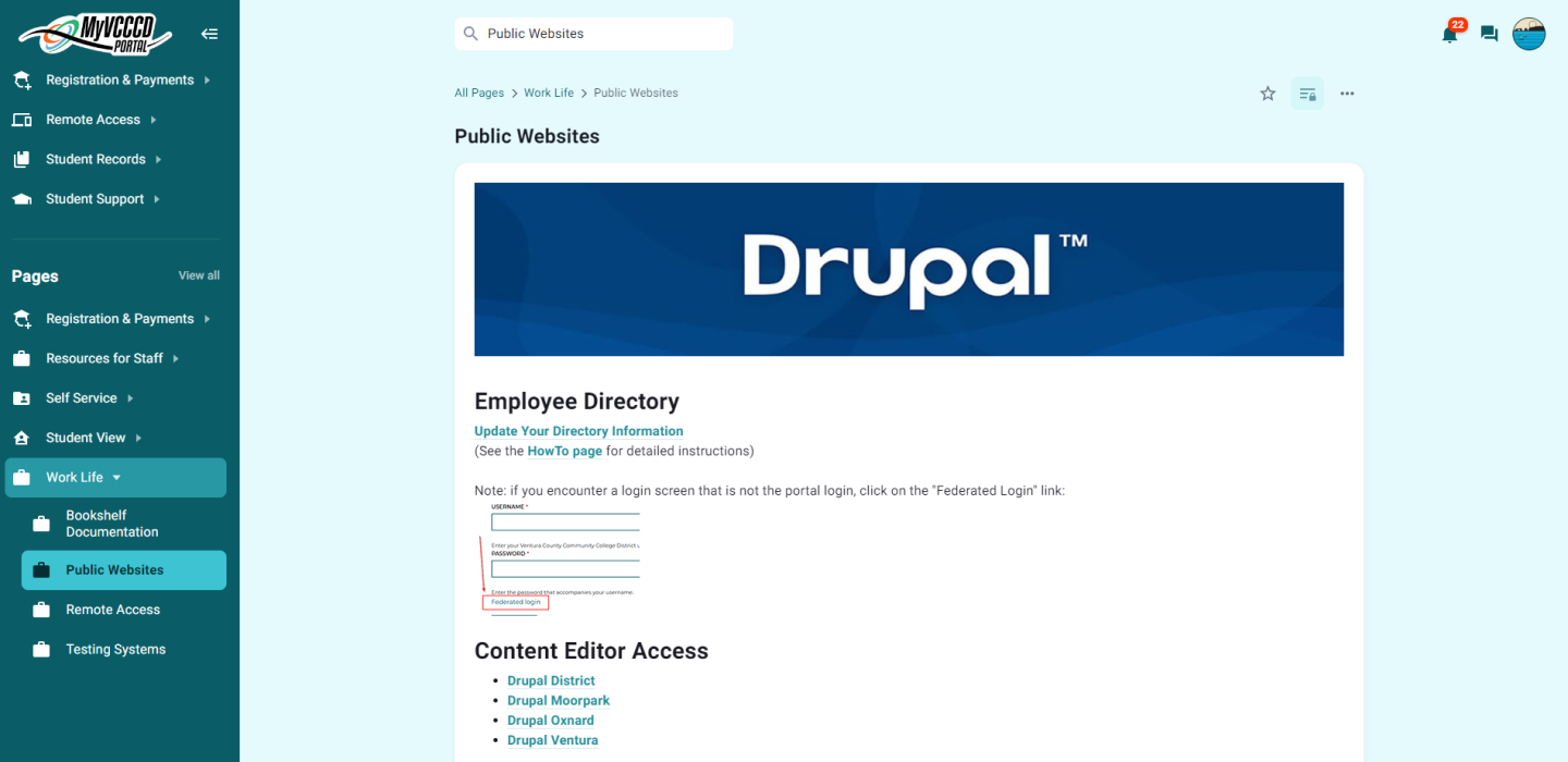 Screenshot of the Public Websites Page in the Portal
