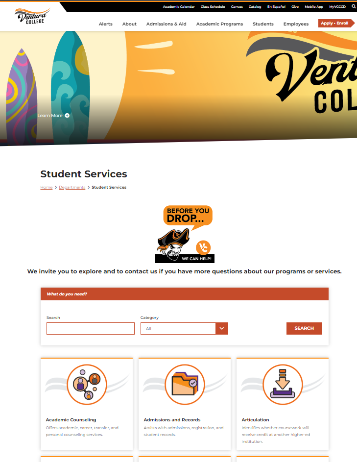 Screenshot of a landing page - Ventura College Student Services Page