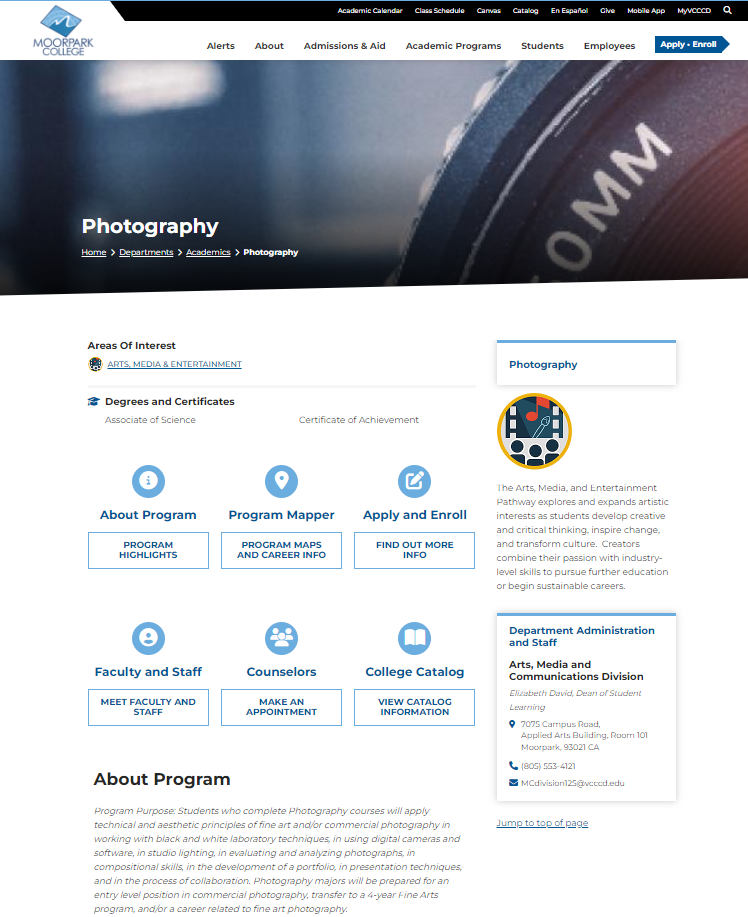 Screenshot of a academic program page - Moorpark College Photography program