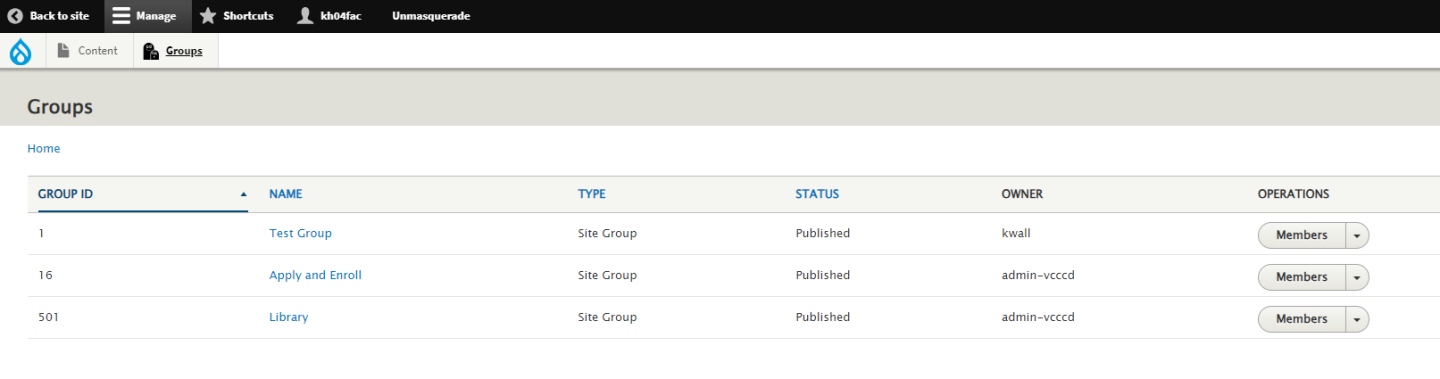Screenshot of Groups listing