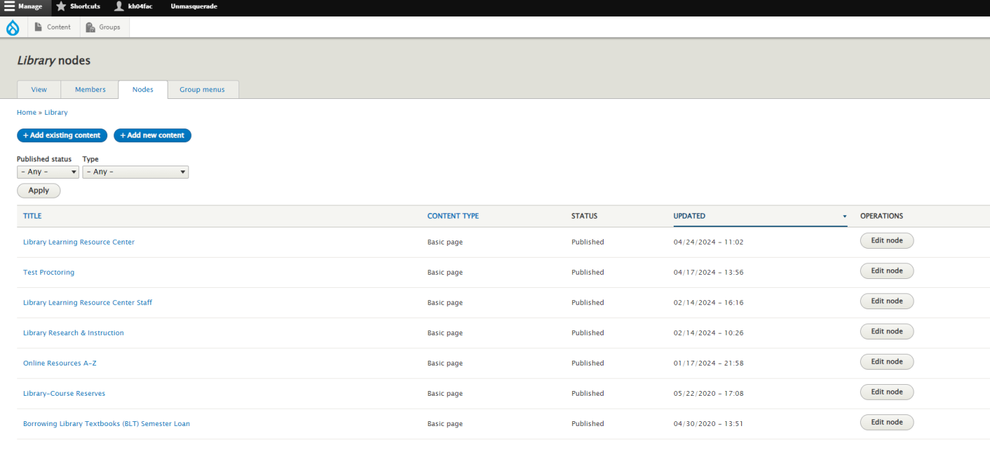 Screenshot of Group Nodes Listing Page