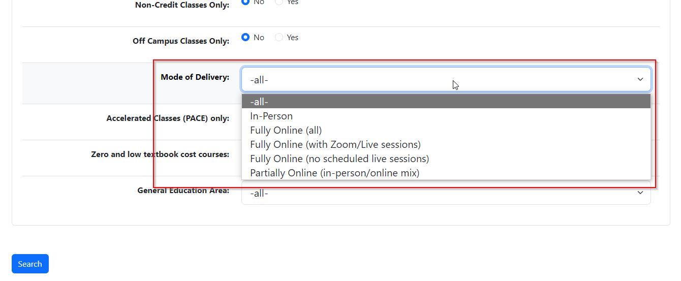 VCCCD Class Search More Options view with Mode of Delivery highlighted