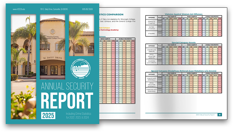 Visual graphic of the VCCCD 2025 Annual Security Report Cover with two pages open