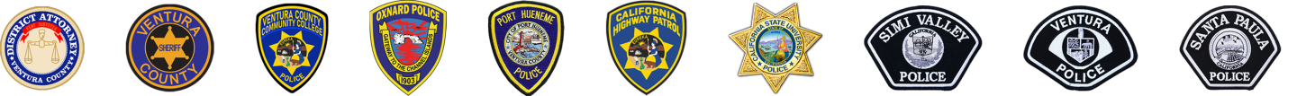 Photo displaying Ventura County law enforcement agency patches and logos