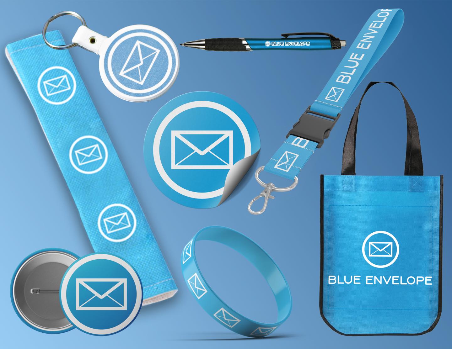 Photo of various items, including stickers, pins, pens, and lanyards, featuring the Blue Envelope Program logo.