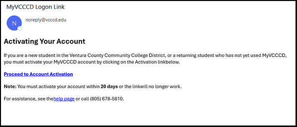 MyVCCCD Account Activation Email Message