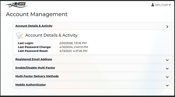 MyVCCCD account landing page displaying activity details