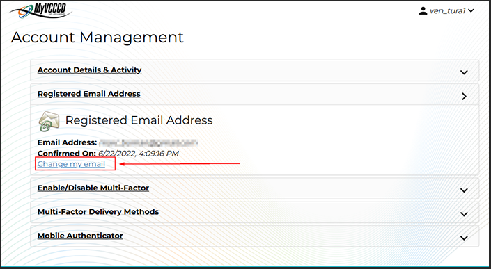 MyVCCCD account page displaying registered email information