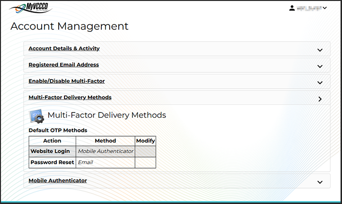 MyVCCCD account page displaying MFA Delivery
