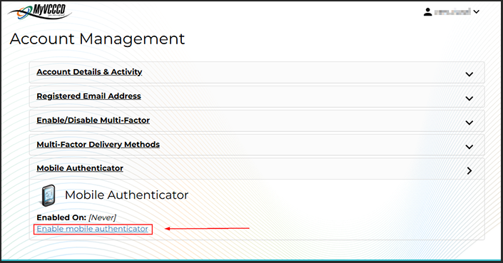 MyVCCCD account page displaying mobile authenticator information 