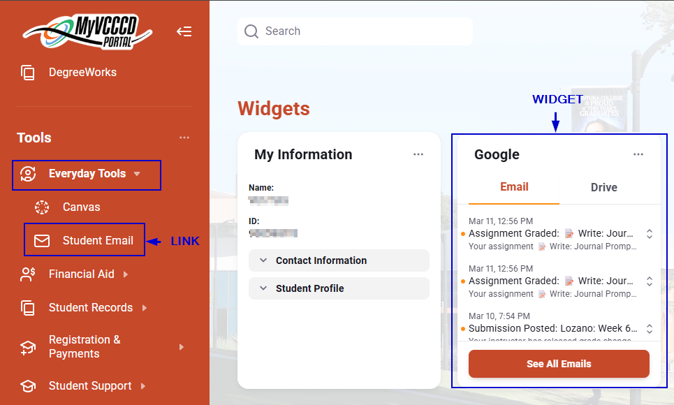MyVCCCD Dashboard view highlighting google account access