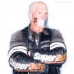 Mr. P in his riding leather with NOH8 stenciled on his cheek and duct tape over his mouth