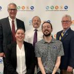 Celestina Chavez, Executive Assistant, Office of the Personnel Commission, District Office (front row, left) and Shandor Batoczki, Library Assistant, Moorpark College, to our VCCCD team. Chancellor Greg Gillespie (back row, left) and Trustee Chair Bernardo M. Perez (right) pose with Arthur Sandford, who was appointed Vice President of Academic Affairs at Oxnard College.