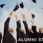 graduates tossing their caps in the air with the text "Alumni Stories". 