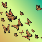 Several butterflies flying upward on a desaturated yellow and green background.