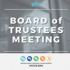 Photo of the door to the Board Room featuring the VCCCD Logo. Five circle logos for each college and location at the bottom. Text that reads Board of Trustees Meeting Ventura County Community College District VCCCD.edu