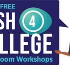 Illustration of a person with text that reads: Join the FREE Cash 4 College Zoom Workshops