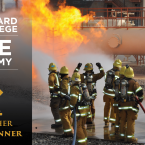 Fire Academy Students Extinguishing Flames, the Oxnard College Logo and text that reads: Fire Academy BCC Vellwether Award Winner