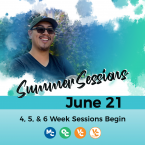 District alumni and text that reads: Summer Sessions June 21 4, 5, and 6 Week Sessions Begin