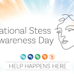 Abstract line drawing of a face. 5 circle logos: DO, MC, OC, VC, VC East Campus. Text that reads: National Stress Awareness Day Help Happens Here