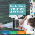 A student sitting on the floor of a library with a laptop and open books. Text that reads: Finals Week You've Got This!