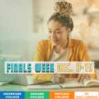Finals Week: December 9–15; Moorpark College, Oxnard College, Ventura College, VC East Campus; Image of woman studying with a notebook and laptop