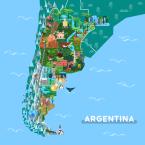 Illustrated map of Argentina with landmarks. Text on the bottom right reads: Argentina