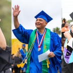 Students in regalia from MC, OC, and VC graduating. Moorpark student athlete holding diploma in the air. Oxnard student walking down the aisle waving to the crowd. Two Ventura students hugging.