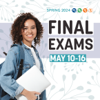 Text “Spring 2024. Final Exams. May 10-16”. VCCCD logos above text. Image of student carrying a backpack and holding notebooks.