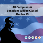 Graphic featuring a stylized black silhouette of Dr. Martin Luther King Jr. against a background of the American flag in blue and red tones. A translucent banner across the top reads, “All Campuses & Locations Will be Closed On Jan 19.” At the bottom are the logos for the District Office, Moorpark College, Oxnard College, Ventura College, and Ventura College East Campus.