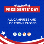 “Celebrating Presidents’ Day. All campuses and locations closed” VCCCD logos beneath text. Motifs inspired by American flag surround image.