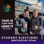 Two student leaders standing side by side outdoors on campus, dressed in dark jackets. Graphic text reads, “This Is Your Year. Lead It. Spring 2026. Student Elections—Now Accepting Applications,” alongside the Community Colleges of Ventura County logo.