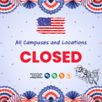 Graphic featuring a stylized American flag and red, white, with the text “All Campuses and Locations Closed,” representing a Ventura County Community College District closure for Presidents’ Day.