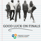 Students walking with backpacks and the text “Good Luck on Finals.”
