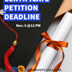 'Graduation Certificate Petition Deadline, Nov. 6 @12 PM' in white text on blue highlight, over a photo of a graduation cap tassel and a diploma tied with orange ribbon, with the Community Colleges of Ventura County logo.