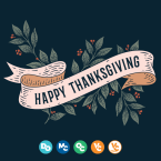 'Happy Thanksgiving' on an illustrated ribbon banner surrounded by botanical leaf branches, on a dark navy background, with the Ventura County Community college campus logos below.