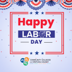 'Happy Labor Day' in red and blue text within a red-striped border, patriotic bunting along the top, red and blue stars scattered on a light blue background, with the Community Colleges of Ventura County logo at the bottom.