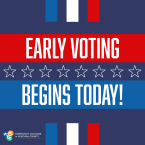 Graphic reading “Early Voting Begins Today!” in large white text on red and blue backgrounds, with stars and red, white and blue accents. The Community Colleges of Ventura County logo appears in the bottom left corner.