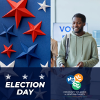 Red, white and blue paper stars alongside a smiling student at a polling location, with text reading "Election Day" and the VCCCD circle logos and Community Colleges of Ventura County name.