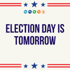 Bold text reading "Election Day is Tomorrow" with blue stars and red horizontal stripes as a decorative border and the VCCCD circle logos at the top.