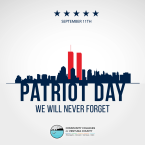 A silhouette of the New York City skyline with the Twin Towers highlighted, above the text "Patriot Day, We Will Never Forget" and the Community Colleges of Ventura County logo at the bottom.