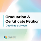 'Graduation & Certification Petition Deadline at Noon' text on a soft gradient background in orange, blue, and green, with the Community Colleges of Ventura County logo.