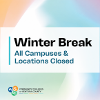 'Winter Break All Campuses & Locations Closed' text on a soft gradient background in orange, blue, and green, with the Community Colleges of Ventura County logo.