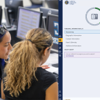 A student gets help in a computer lab, beside a screenshot of the CCCStart application's progress tracker.