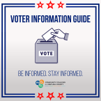 Voter Information Guide. Be Informed. Stay Informed. Hand dropping ballot into a ballot box that says Vote.