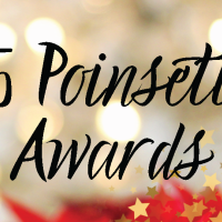 2025 Poinsettia Awards; Ventura Chamber of Commerce logo over gold background with poinsettia leaves and star design