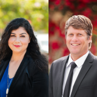 Left, Board Chair Gabriela Torres; right, Vice Chair Joshua Chancer; both in front of out of focus greenery outdoors