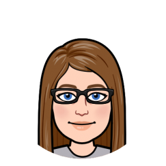 Laurel's Bitmoji; a female with brown hair, blue eyes and glasses in a grey shirt