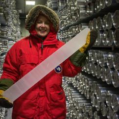 Professor Branciforte is holding an ice core from Antarctica.