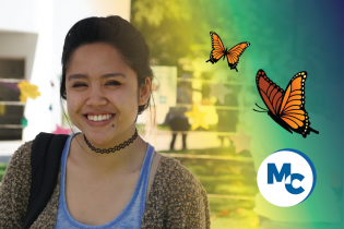 Photo of a Student with Butterflies and the MC Icon
